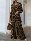 Fashion Long-sleeved V-neck Button-up Shirt + Wide-leg Pants 2 Piece Set For Women Autumn Leopard Print Loose Casual Suit Female