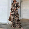 Fashion Long-sleeved V-neck Button-up Shirt + Wide-leg Pants 2 Piece Set For Women Autumn Leopard Print Loose Casual Suit Female