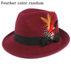 New Fashion Wool Flat Fedora Hat for Women Men Feather Lady Gentleman Church Cap Panama Jazz Hats Party Decorate