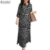 ZANZEA Women's Long Dresses 2025 Spring Summer Leopard Print 3/4 Sleeve Lapel Neck Maxi Robes Femme Commute Office Slit Kleid