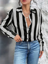 2024 Elegant Black Striped Printed Long-sleeved Shirt For Women Fashion Lapel Button-down Shirt Temperament Office Cardigan