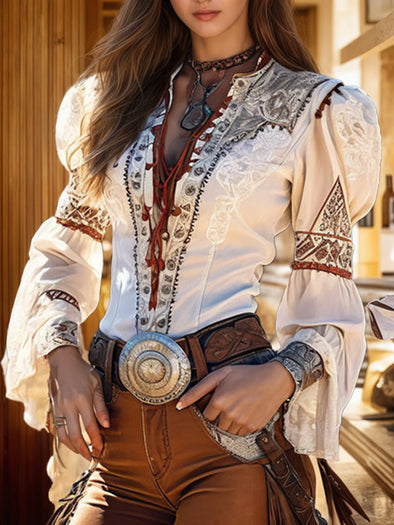 Elegant Chic Women Tops Western Print Lace Up V Neck Flare Sleeve Shirt Lace Patchwork Long Sleeve Design Vintage Blouse