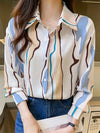 2024 Elegant Black Striped Printed Long-sleeved Shirt For Women Fashion Lapel Button-down Shirt Temperament Office Cardigan