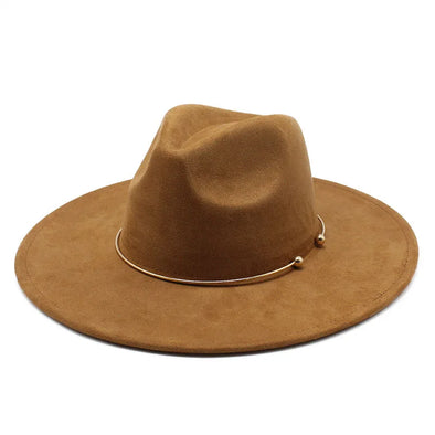 Suede Fedora Hats for Women 9.5cm Wide Brim Panama Western Cowboy Hat Gold Circle Men Autumn Winter Jazz Church Sombrero Caps