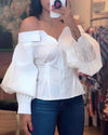 Elegant White Shirts for Women Lantern Sleeve Off Shoulder Top Lady Blosues Long Sleeve Ruched Design Feamel Clothes Spring 2024