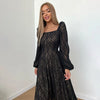 Jacquard Black A-Line Dress Spring 2023 Women Lantern Sleeve Flowing Midi Dress Elegant Lady Chic Long Dress Ruched New