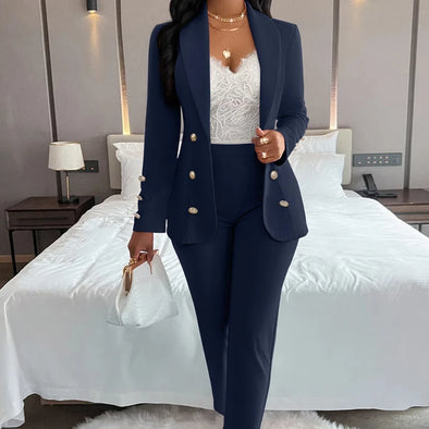 Sexy Women's Solid Color Suit Collar Double Breasted Casual Suit Set