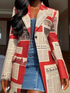 Newspaper Button Front Notched Lapel Blazer, Elegant Long Sleeve Blazer For Office & Work, Women's Clothing