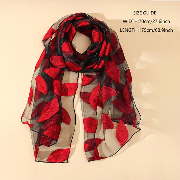 Elegant red leaf patterned organza scarf, lightweight and sheer, perfect accessory for spring and summer outings.