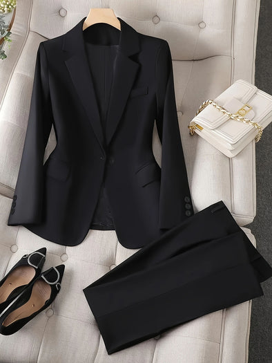 Women'S Solid Color Single-Breasted Blazer And Wide-Leg Pants Set