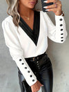 Fashionable V-neck Solid Color Long Sleeve Button Up Women's Shirt