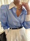 [Customer Favorite] Elegant Striped Blue & White Shirt for Women - Polyester, Machine Washable, Non-Sheer with Button Detail, Perfect for Fall/Winter