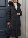 Women's Chic Black Long Puffer Jacket with Faux Fur Trim Hood - Casual, Thick Insulated Outerwear with Zipper Closure and Side Pockets for Fall/Winter Warmth