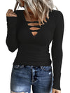 2024 New Arrival: Women's Long Sleeve Solid Color V Neck Waffle Knit Striped Casual Sweater Top