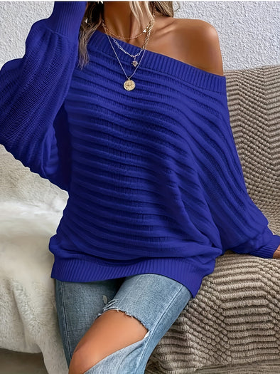 Cold Shoulder Long Sleeve Sweater, Elegant Solid Color Sweater For Spring & Fall, Women's Clothing