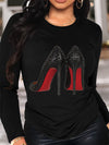 Women'S Casual Long Sleeve T-Shirt with High Heel Applique, Crew Neck Knit Polyester Top, Regular Length Graphic Print for All Seasons