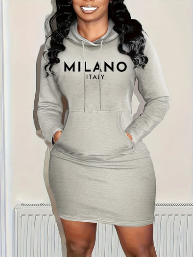 WQ001 Milano Italy Letter Print Hooded Casual Long Sleeve Dress - Black, Polyester, Knee-Length, Machine Washable, Casual Attire for Adults