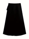 Elegant pleated high waist black skirt with a split design, perfect for fall and winter fashion.