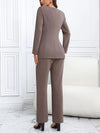 Square-neck Buttoned Elegant Pants Suit, Long Sleeve Split Top & Pants, Women's Clothing