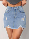 Chic Light Blue High-Waisted Bodycon Jean Mini Skirt - Stretchy, Casual Fit, Ripped Distressed Hem, Flattering Silhouette, Perfect for Daily Wear, Summer Outings and Casual Gatherings