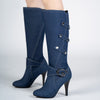 Canvas Knee-High Denim Boots for Women - Chic Buckle Strap Design, Elevated with Sturdy High Heels, Ideal for Fashion-Forward Outfit Pairings