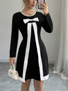 Elegant Women's Black & White Color Block Long Sleeve Dress with Bow Detail - Crew Neck, Knee-Length, Stretchy Polyester Blend, Machine Washable