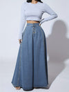 Fashionable Retro Flare Denim Skirt - Single-Breasted & High Rise - Timeless Maxi Silhouette in Washed Blue - Comfortable Inelastic Denim for Tall Womens Style