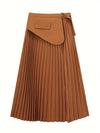 Elegant pleated high waist split skirt in warm brown, perfect for fall and winter fashion.