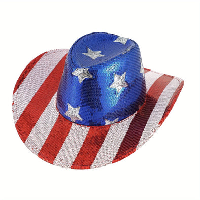 Sequin Cowgirl Hat Star Striped Red White and Blue Western Cap Independence Day Hat Patriotic Hats for Women Men