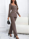 Square-neck Buttoned Elegant Pants Suit, Long Sleeve Split Top & Pants, Women's Clothing