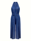 Elegant Sleeveless Halter Jumpsuit with Belt - Pleated, Straight-Leg Design for Women, Machine Washable - Perfect for Spring/Summer/Fall