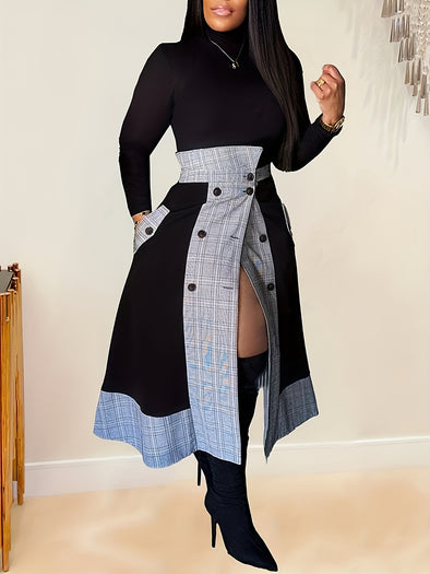 Two-Piece Chic Outfit - Solid Long Sleeve Turtle Neck Top & Slant Pocket Plaid Print Loose Button Split Color Block Skirt - Comfortable, Versatile, and Flattering Women's Clothing for Casual Occasions