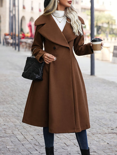 Elegant Polyester Wool Blend Trench Coat for Women - Solid Color, Woven, with Pockets, Autumn/Winter Collection