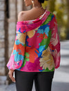 Vibrant Floral Slant Shoulder Blouse - Elegant Asymmetrical Lantern Sleeve Design, Comfortable Spring & Fall Essential, Women's Stylish Clothing for Work or Casual Occasions