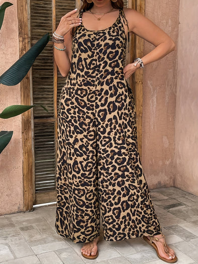 Women'S Plus Size Leopard Print Jumpsuit - J644, Elegant Scoop Neck Knit Fabric with Slight Stretch, 100% Polyester, All-Season Slingback with Pockets, 165 g/m² Weight