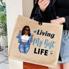 2 Pcs Fashionable Lady's Patterned Tote Bag Set: Lightweight Burlap Shopping Bag + Portable Travel Beach Bag with Makeup Bag