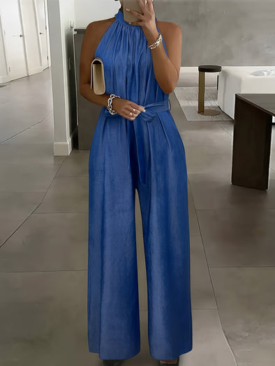 Elegant Sleeveless Halter Jumpsuit with Belt - Pleated, Straight-Leg Design for Women, Machine Washable - Perfect for Spring/Summer/Fall