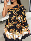 Stunning Plus Size Allover Print One Shoulder Dress - Elegant Long Sleeve Cinched Waist Women's Plus Size Dresses for Special Occasions - Flattering, Comfortable, and Chic