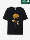 100% Women's Casual T-Shirt with Elegant Golden Rose Print – Soft, Comfortable Short Sleeve Design, Machine Washable, Perfect for Year-Round Wear, Casual Wear | Chic Casual Style | Stretchable Knit