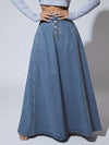 Fashionable Retro Flare Denim Skirt - Single-Breasted & High Rise - Timeless Maxi Silhouette in Washed Blue - Comfortable Inelastic Denim for Tall Womens Style