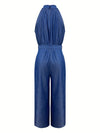 Elegant Sleeveless Halter Jumpsuit with Belt - Pleated, Straight-Leg Design for Women, Machine Washable - Perfect for Spring/Summer/Fall