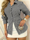 Elegant And Comfortable Striped Print Single-breasted Shirt Casual Long-sleeved Collared Shirt For Women