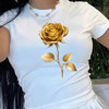 100% Women's Casual T-Shirt with Elegant Golden Rose Print – Soft, Comfortable Short Sleeve Design, Machine Washable, Perfect for Year-Round Wear, Casual Wear | Chic Casual Style | Stretchable Knit