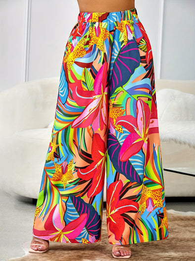 Vibrant Floral Print Wide Leg Pants - Women's Loose Fit Vacation Style Pants with Slant Pockets for Spring & Summer - Comfortable, Stylish, and Breathable Clothing for Women