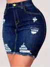 Dark Washed Bodycon Mini Denim Skirt - Ripped Raw Hem, Stretchy, Women's Plain Blue Jeans Clothing