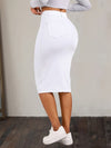 Back view of a high-rise white stretchy denim skirt with a figure-hugging fit, perfect for casual outfits.