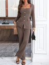 Square-neck Buttoned Elegant Pants Suit, Long Sleeve Split Top & Pants, Women's Clothing